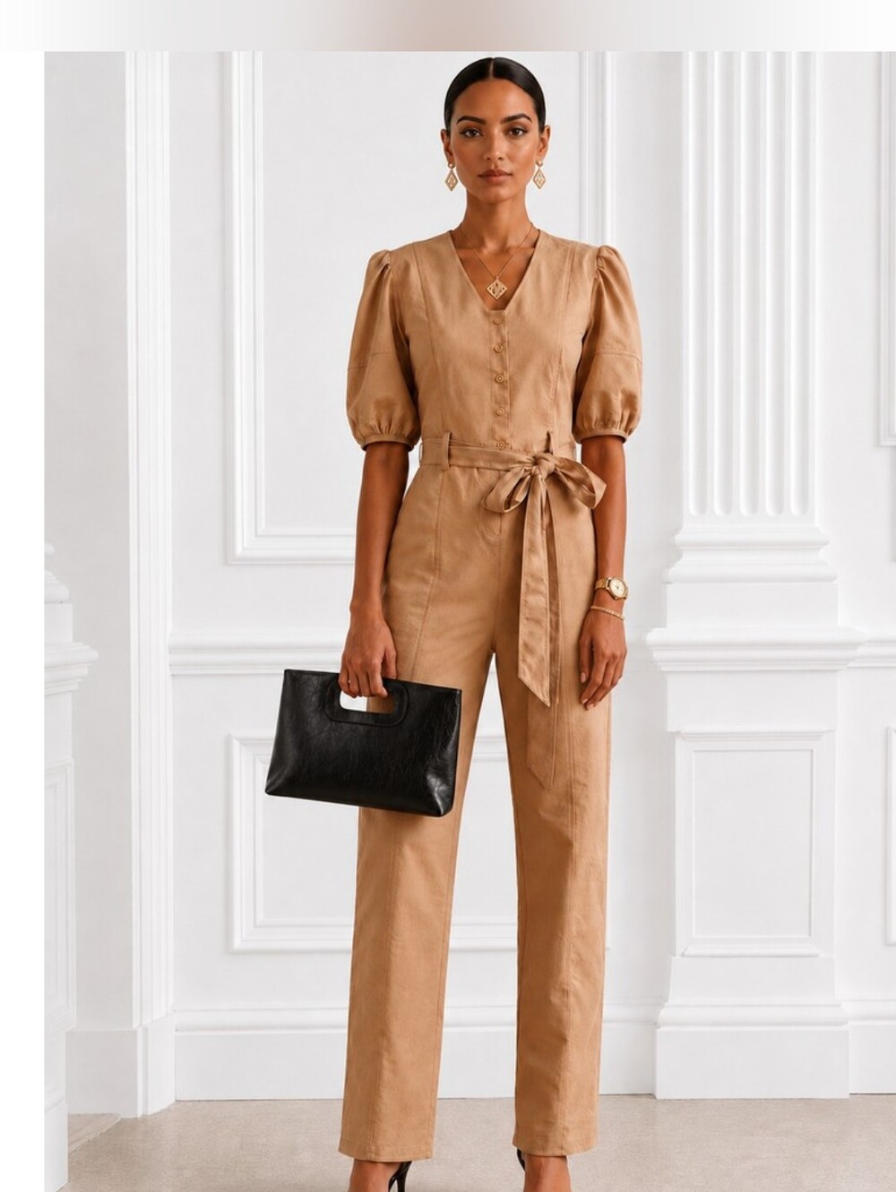 Nine West Women's Tan V-Neck Button Front Belted Jumpsuit, Size Xsmall.